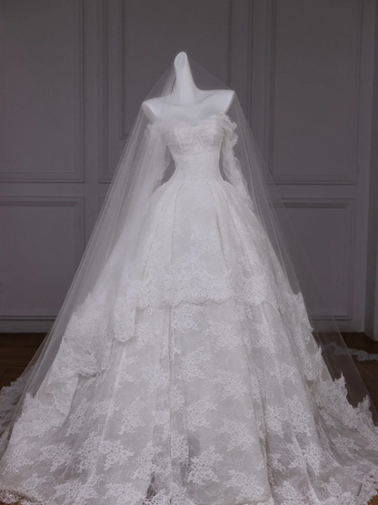 White one-shoulder lace slim waist puffy skirt long dress bridal dress R5789