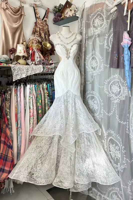 White strapless, fitted, fishtail lace long ball gown R7575