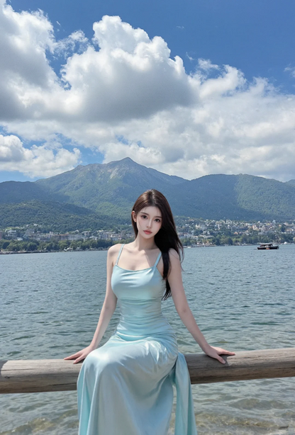 Light blue halter-neck backless sexy long ball gown R7542