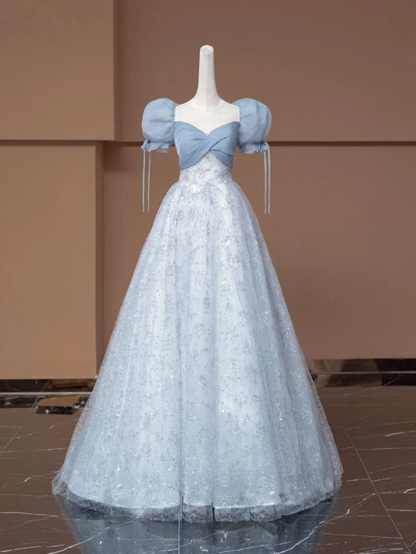 Light gray-blue puff sleeve, fitted waist, A-line skirt, long ball gown R8498