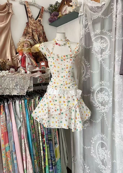White star pattern fitted short ball gown R7849