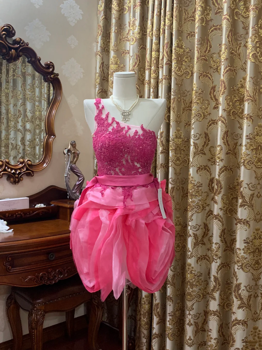 Rose Red One-Shoulder Waist-Cinched Bubble Mini Prom Dress, Evening Gown, Graduation Dress gh7250
