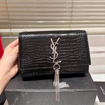 Saint Laurent Kate Tassel Silver Hardware Black 19Cm