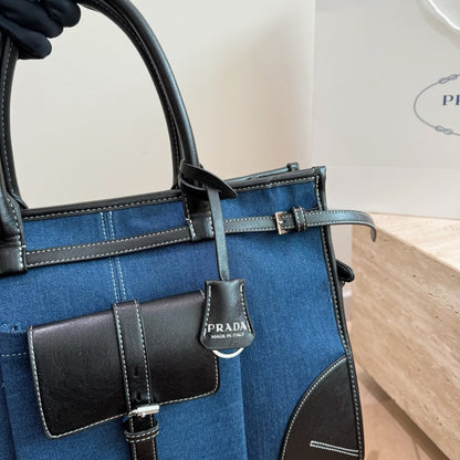 Prada Bonnie Denim and Brown Leather Tote Bag with Buckle Detail 38cm