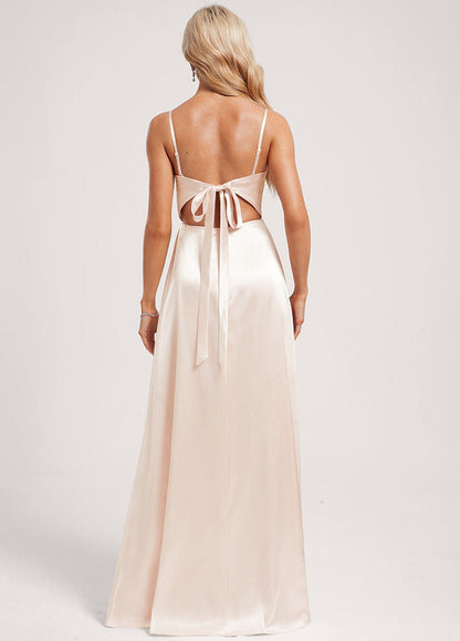 A-line V-neck floor-length satin bow bridesmaid dress