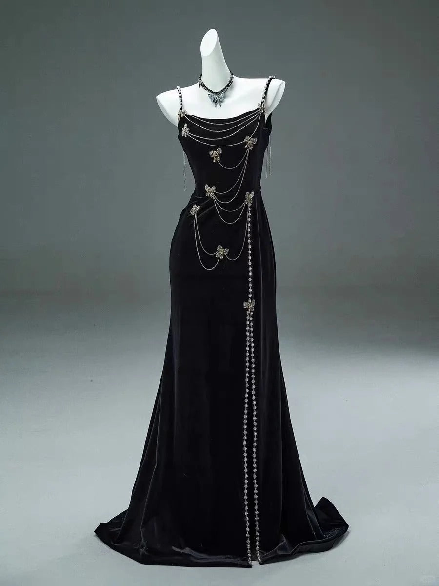 Black Beaded Elegant Long Velvet Ball Gown Evening Gown Party Dress gh4371