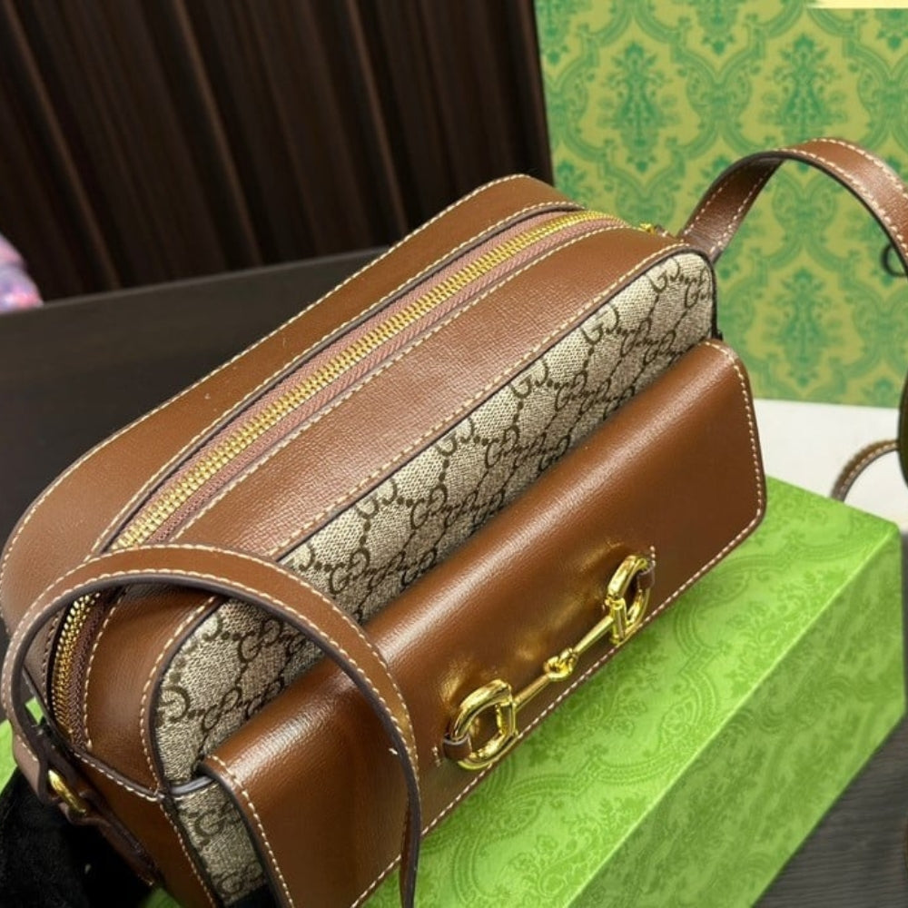 Gucci Horsebit 1955 Small Shoulder Bag Beige Ebony GG Supreme Canvas 22Cm