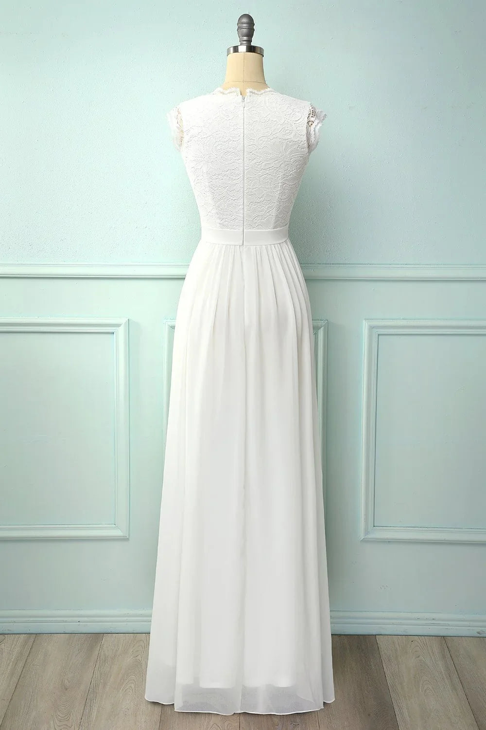 V-neck white long bridesmaid dress
