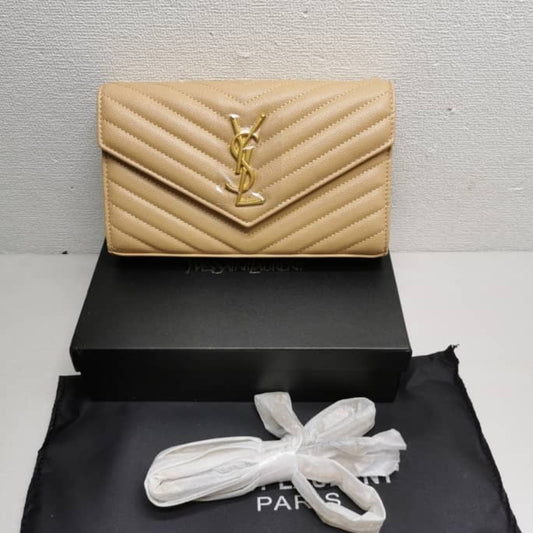 Saint Laurent Cassandre Matelassé Chain Wallet In Grain De Poudre Embossed Beige 22Cm 377828BOW012721