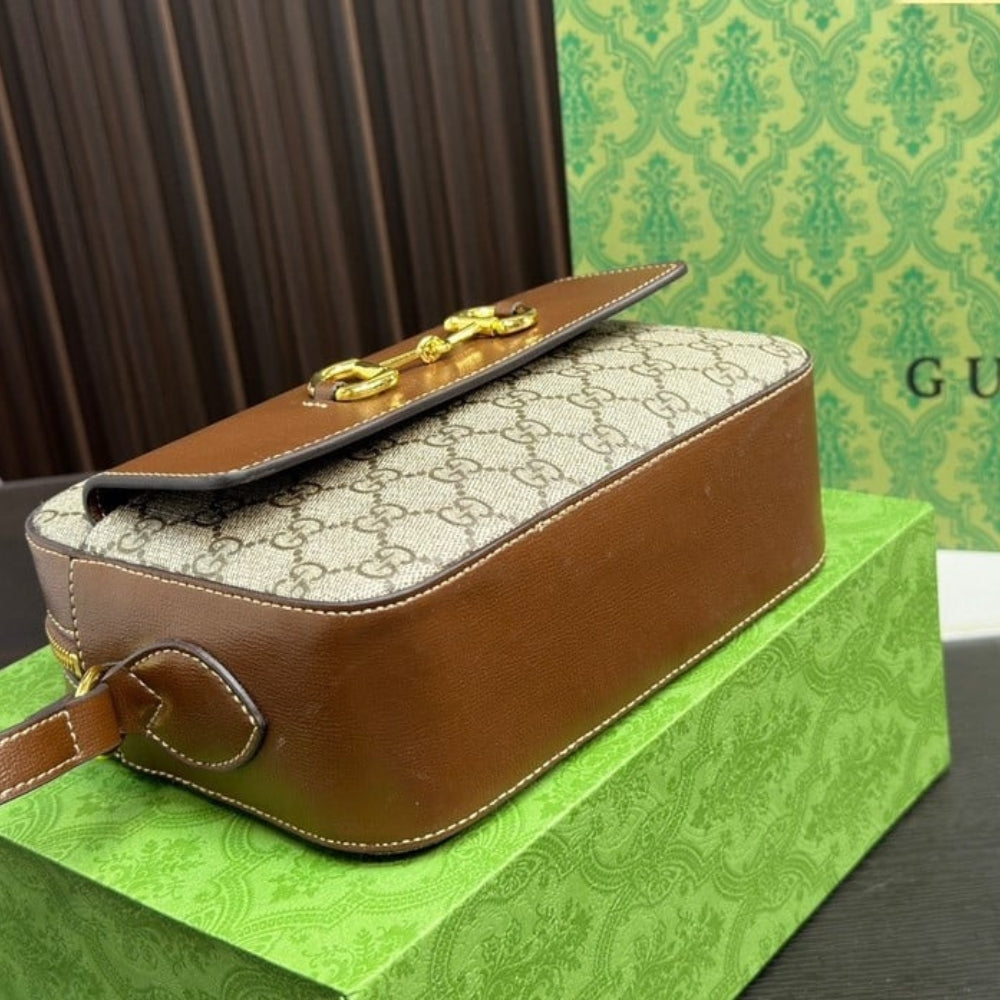 Gucci Horsebit 1955 Small Shoulder Bag Beige Ebony GG Supreme Canvas 22Cm