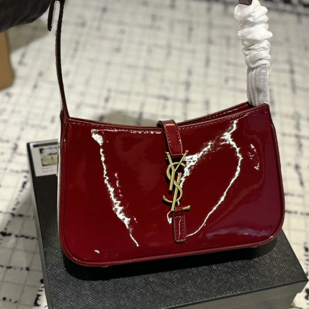 Saint Laurent Le 5 A 7 Patent Hobo Bag In Shiny Wine Red 25Cm