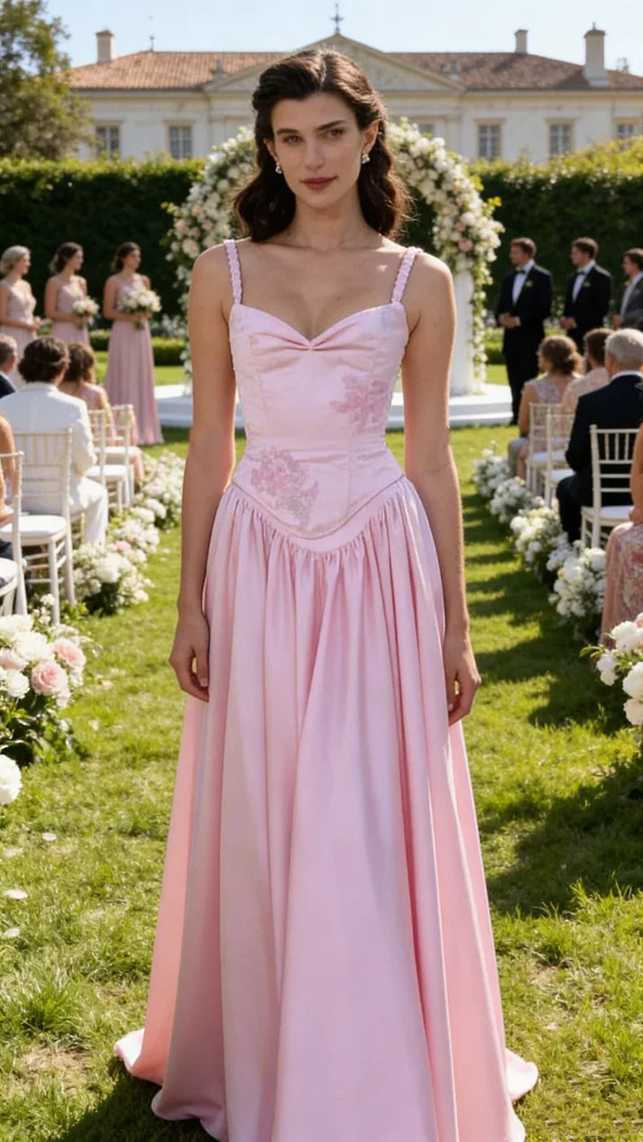 Beautiful Pink Spaghetti Strap Sweetheart A-Line Satin Party Dress Bridesmaid Dress TP4291