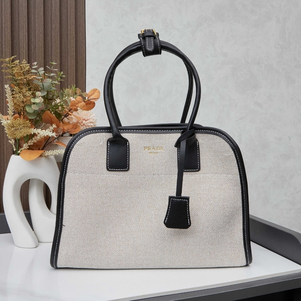 Prada Medium Blend And Leather Tote Bag Black 33Cm 1BG572 2HJA F0I55 V OOZ