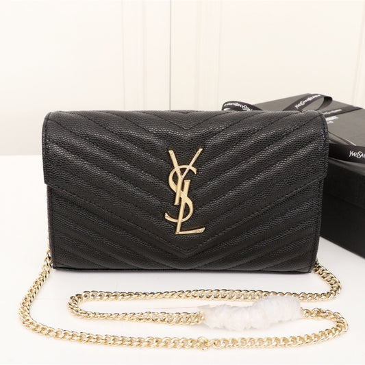Saint Laurent Cassandre Matelassé Chain Wallet In Grain De Poudre Embossed Black Gold 22Cm 377828BOW011000