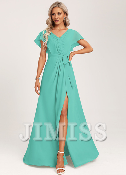 Ruffled A-line V-neck Floor-length Chiffon Bridesmaids Dress