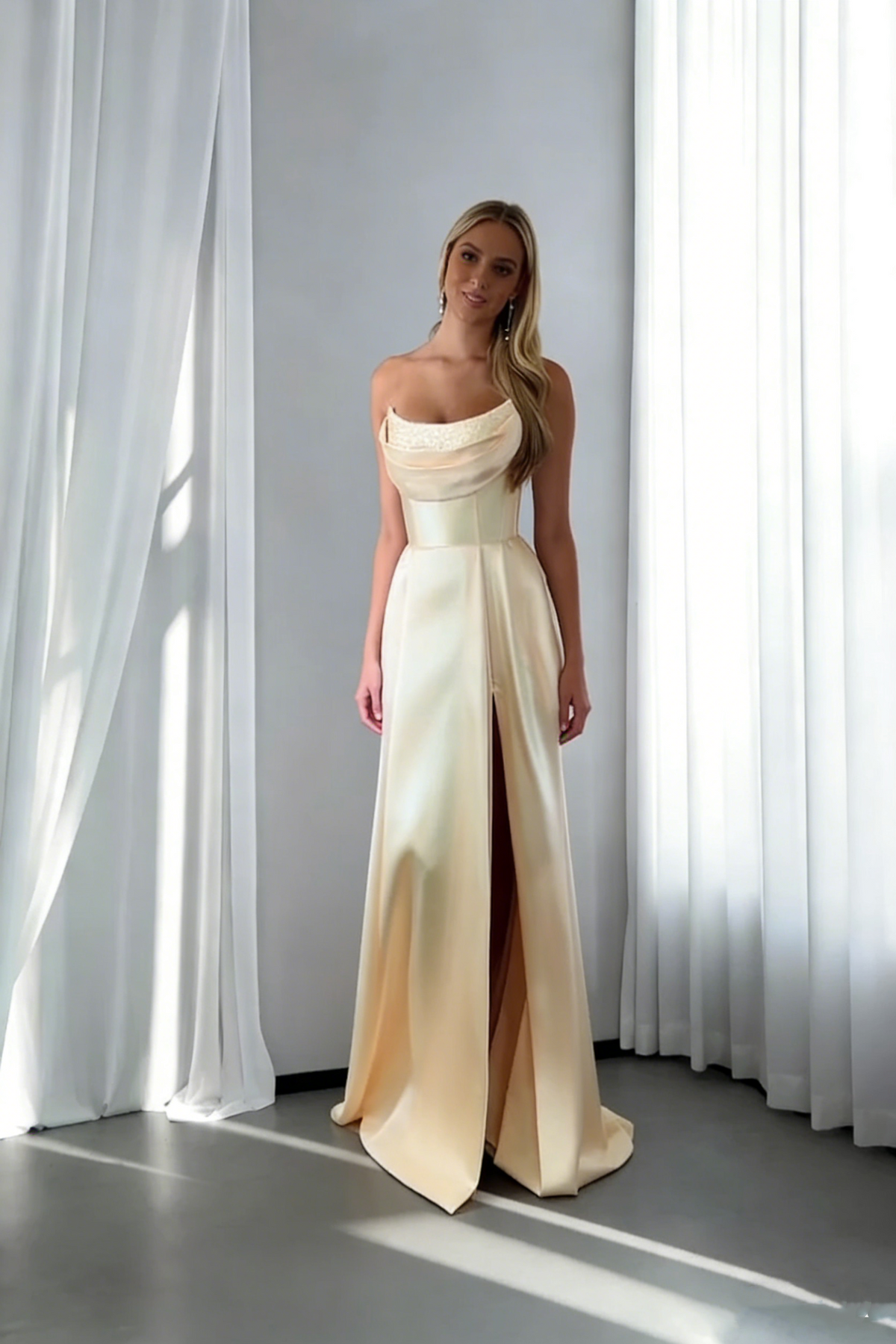 Sweet Yellow Strapless Satin Pleated Slit A Line Party Dress Long Wedding Guest Dress SP1688