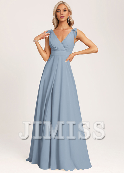 A-link V-neck and ground chiffon bow bridesmaid dress