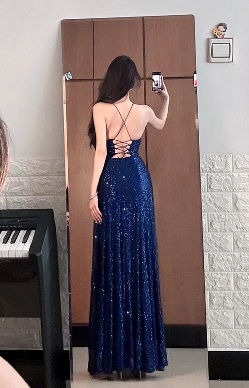 Deep blue sequined halter-neck cinched waist slit sexy long ball gown R7543
