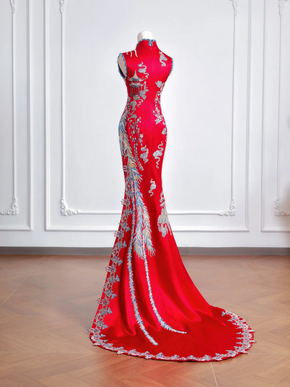 Red Chinese-style cheongsam with classic embroidery and print, fitted waist, bodycon long ball gown, bridal dress R8208