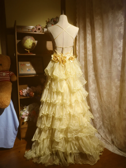 Yellow halter-neck backless fitted ball gown/bridal dress R7256