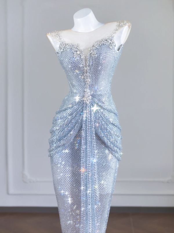 Light blue halter-neck, fitted, bodycon, sexy sequined long ball gown R8244