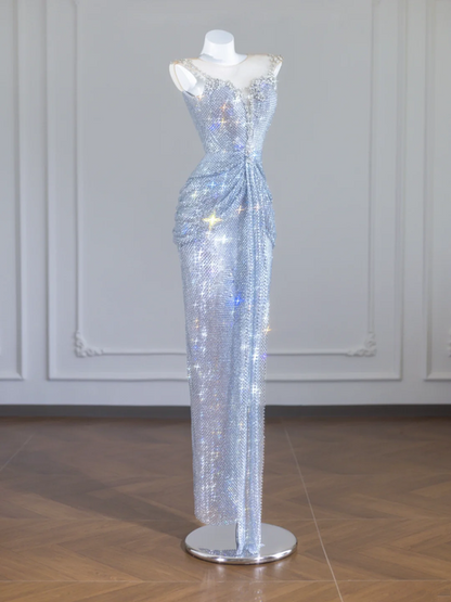 Light blue halter-neck, fitted, bodycon, sexy sequined long ball gown R8244