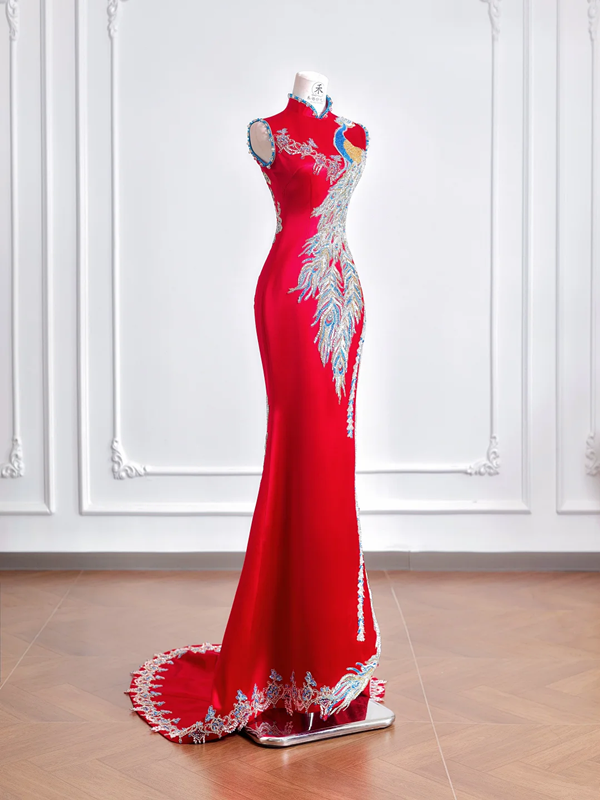 Red Chinese-style cheongsam with classic embroidery and print, fitted waist, bodycon long ball gown, bridal dress R8208