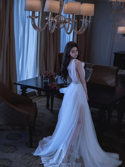 White V-Neck Waist-Cinched High-Slit Elegant Floor-Length Prom Dress R7103