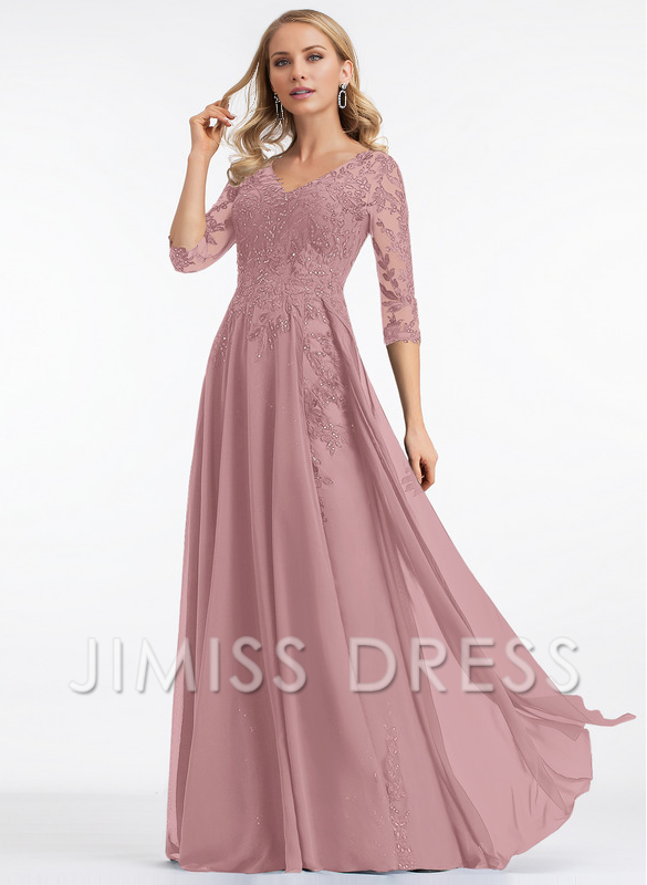 A-line V-neck floor mopping lace chiffon with sequins, mother of the bride dress