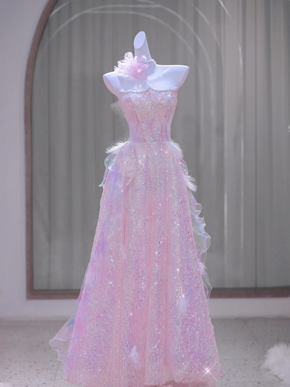 Pink Strapless Sequined Waist Slim Fit Cute Ball Gown Bridal Dress R5866