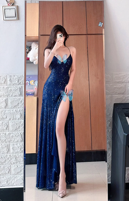 Deep blue sequined halter-neck cinched waist slit sexy long ball gown R7543