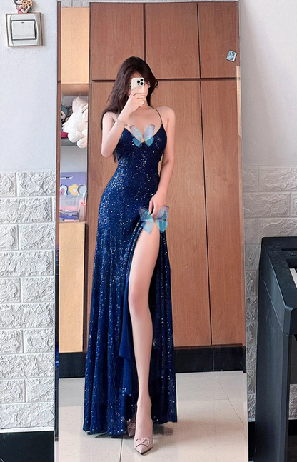 Deep blue sequined halter-neck cinched waist slit sexy long ball gown R7543