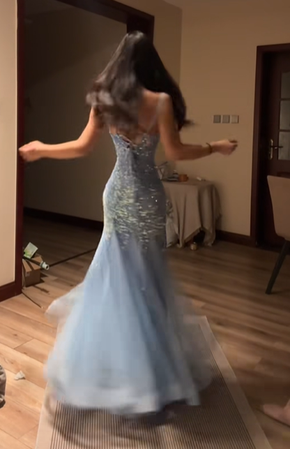 Light blue halter-neck fitted bodycon fishtail skirt ball gown R8067