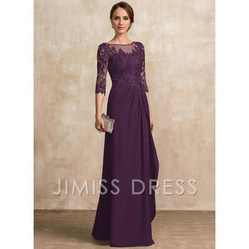 A-shaped Scoop Illusion floor mopping chiffon lace ribbon bead sequins layered ruffles mother of the bride dress