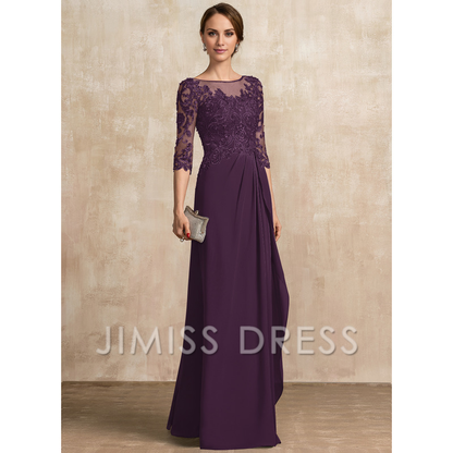 A-shaped Scoop Illusion floor mopping chiffon lace ribbon bead sequins layered ruffles mother of the bride dress