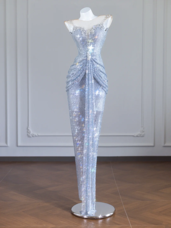 Light blue halter-neck, fitted, bodycon, sexy sequined long ball gown R8244