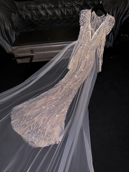 Light apricot V-neck fitted waist sexy long ball gown, bridal dress R8750