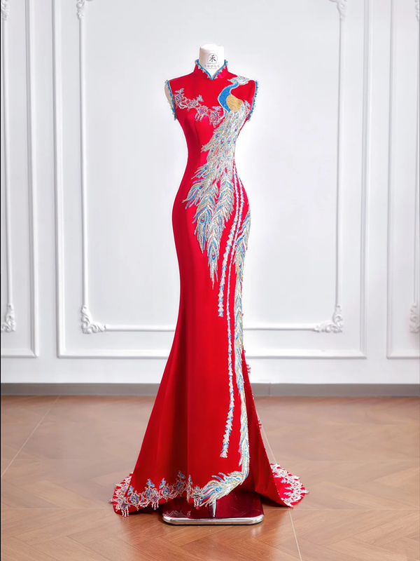 Red Chinese-style cheongsam with classic embroidery and print, fitted waist, bodycon long ball gown, bridal dress R8208