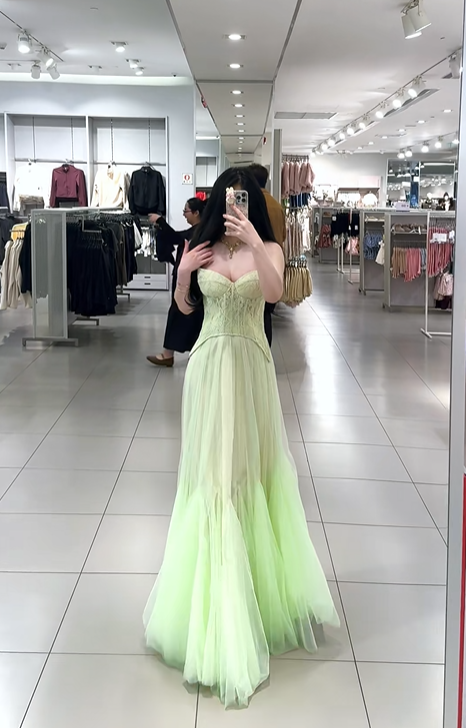 Gradient light green strapless fitted long ball gown R7890