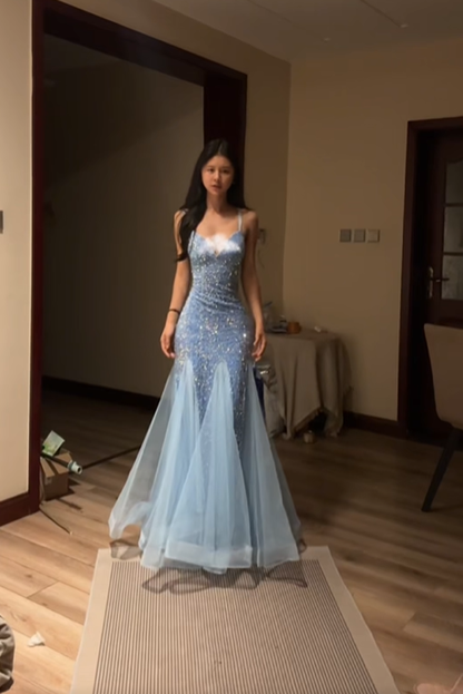 Light blue halter-neck fitted bodycon fishtail skirt ball gown R8067