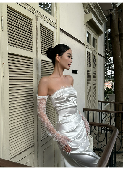 Elegant Ruched Satin Mermaid Wedding Gown with Lace Detachable Sleeves TP5774