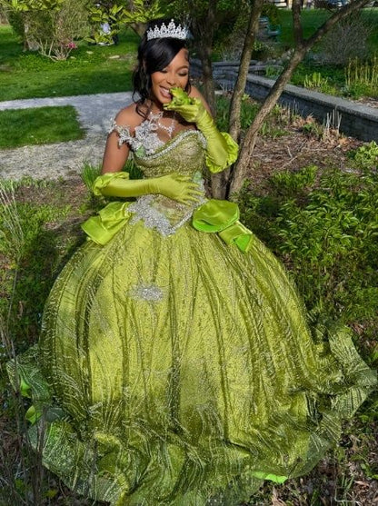 Sweetheart Ball Gown Green Long Prom Dresses Sparkly Rhinestone Tulle Green Sweet 16 Dress