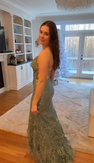 Sparkling Sage Green Sequin Spaghetti Strap V-Neck High Slit Maxi Length Evening Gown TP5272
