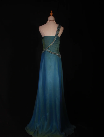 Unique Blue One Shoulder Satin Pleated Beaded Mermaid Prom Dress Long Birthday Evening Gowns