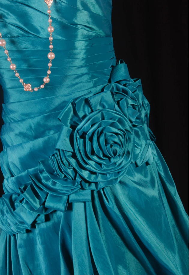 Vintage Strapless Blue Green Satin Pleated Floral Mermaid Long Party Dress Evening Gown