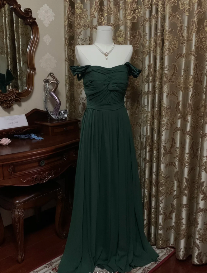 Vintage Green Off The Shoulder Satin Pleated Long Wedding Guest Dress Party Dress Prom Gown