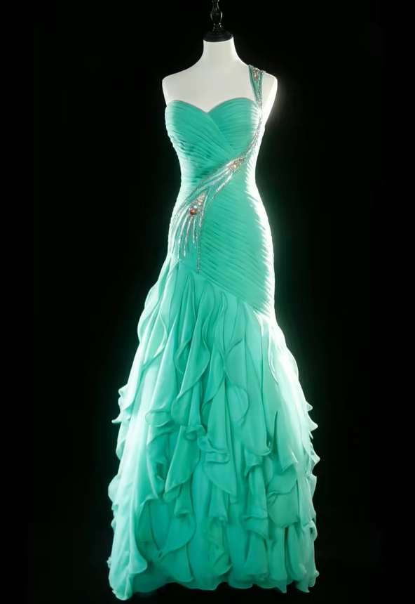Classy One Shoulder Green Satin Beaded Pleated Chiffon Ruffle Mermaid Long Party Dress 20th Birthday Outfits SP1852