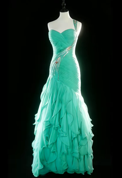 Classy One Shoulder Green Satin Beaded Pleated Chiffon Ruffle Mermaid Long Party Dress 20th Birthday Outfits SP1852