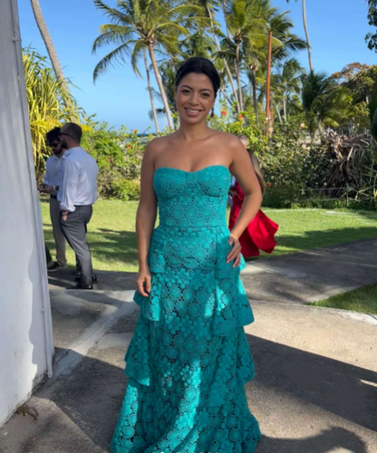 Pretty Strapless Green Lace Layered A Line Long Party Dress Birthday Prom Dress SP1559