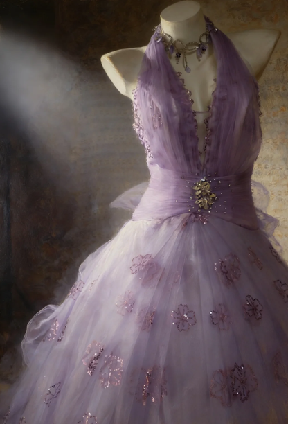 Princess Halter Ball Gown Lavender V Neck Tulle Flowers Sequin Long Birthday Quinceanera Dress Sweet 16 Dress SP1525